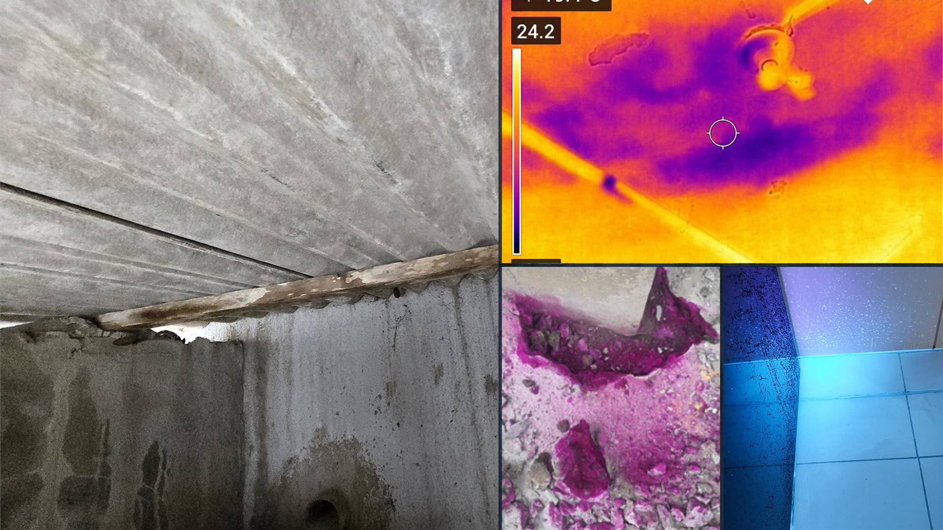 Casos reais de fissura, termografia, fenolftaleína e ensaio com luz ultravioleta